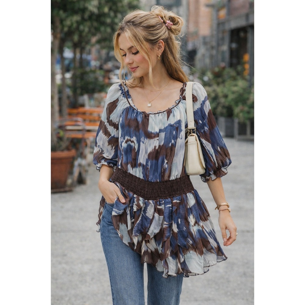 MISA Los Angeles Abstract Ariat Print Smocked Ruffle Mini Dress Blue Brown Small
